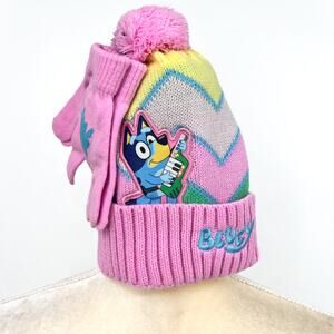 BLUEY Soft Knit Beanie Hat And Gloves Set One Size Pink Multi NWOT